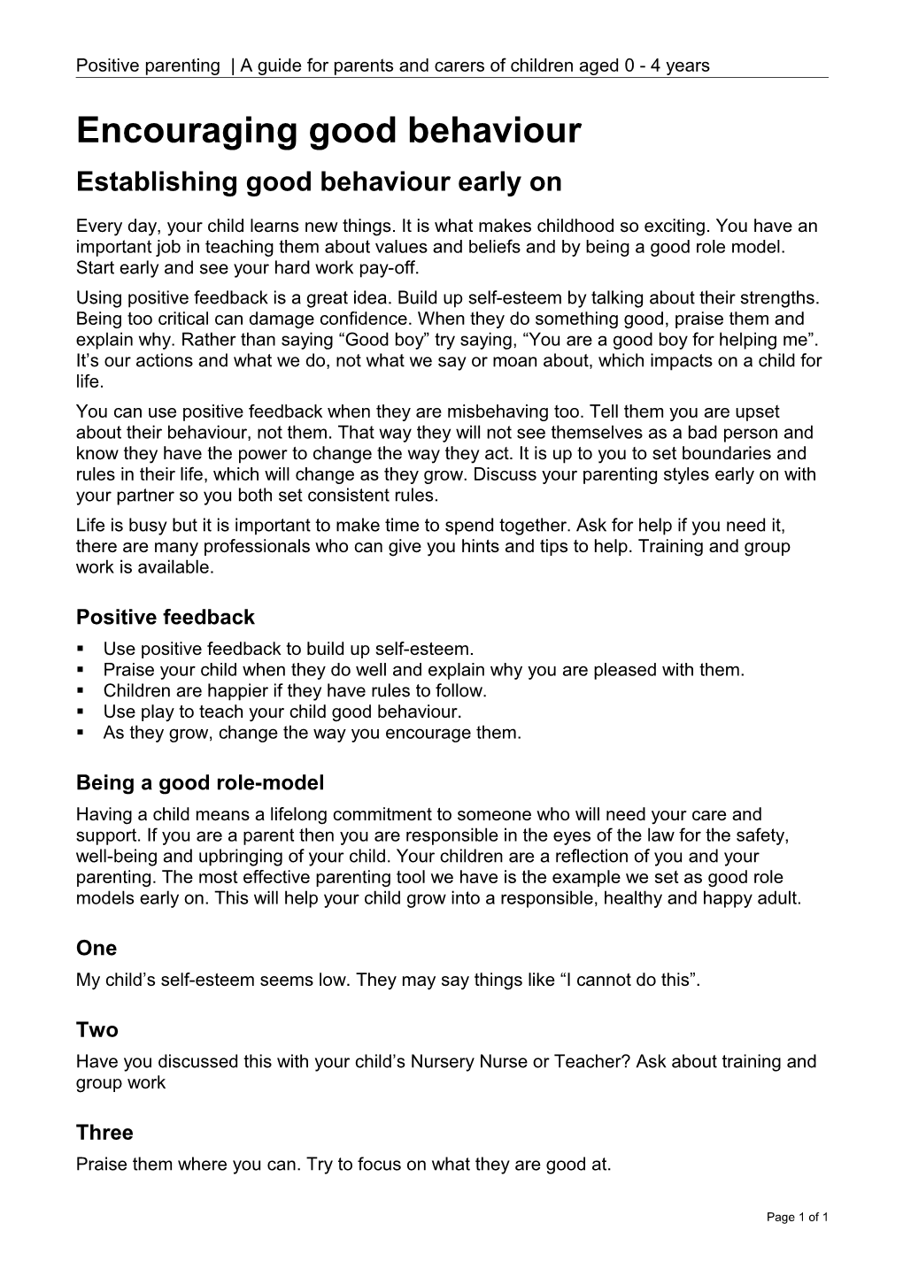Positive Parenting a Guide for Parents and Carers of Children Aged 0 - 4 Years