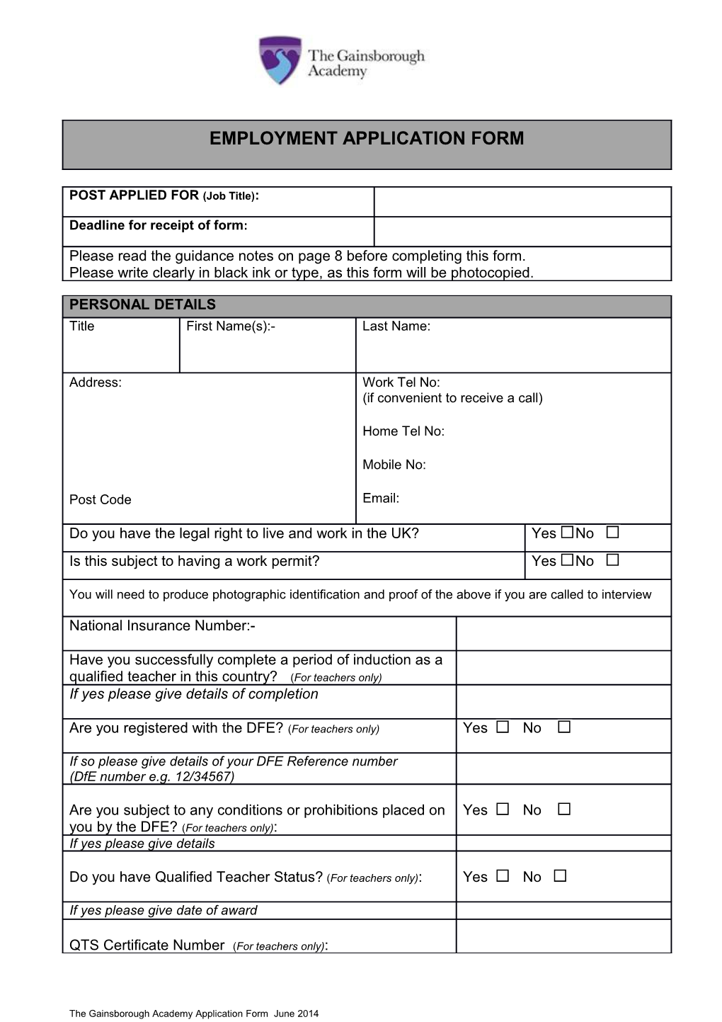 The Gainsborough Academy Application Form June 2014 Page 5