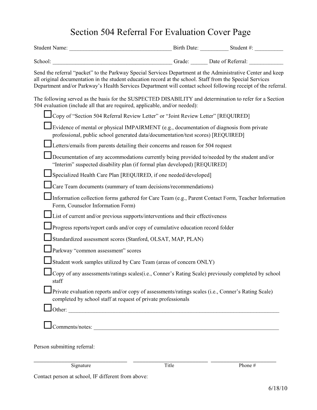 Section 504 Referral for Evaluation Cover Page