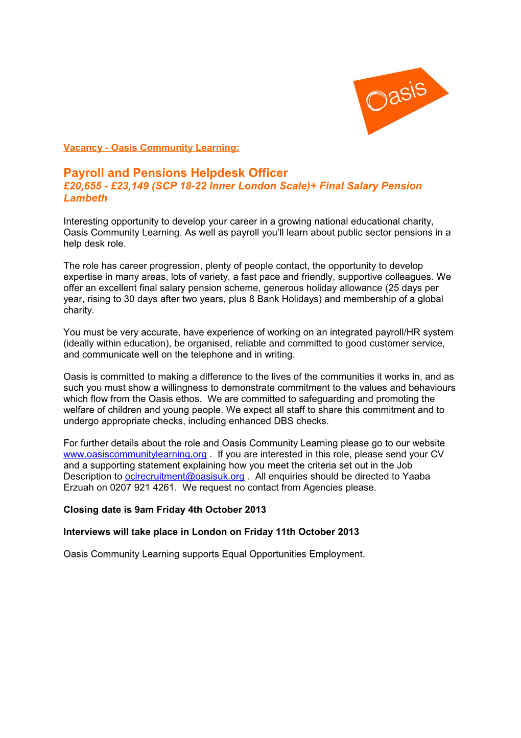 Vacancy - Oasis Community Learning