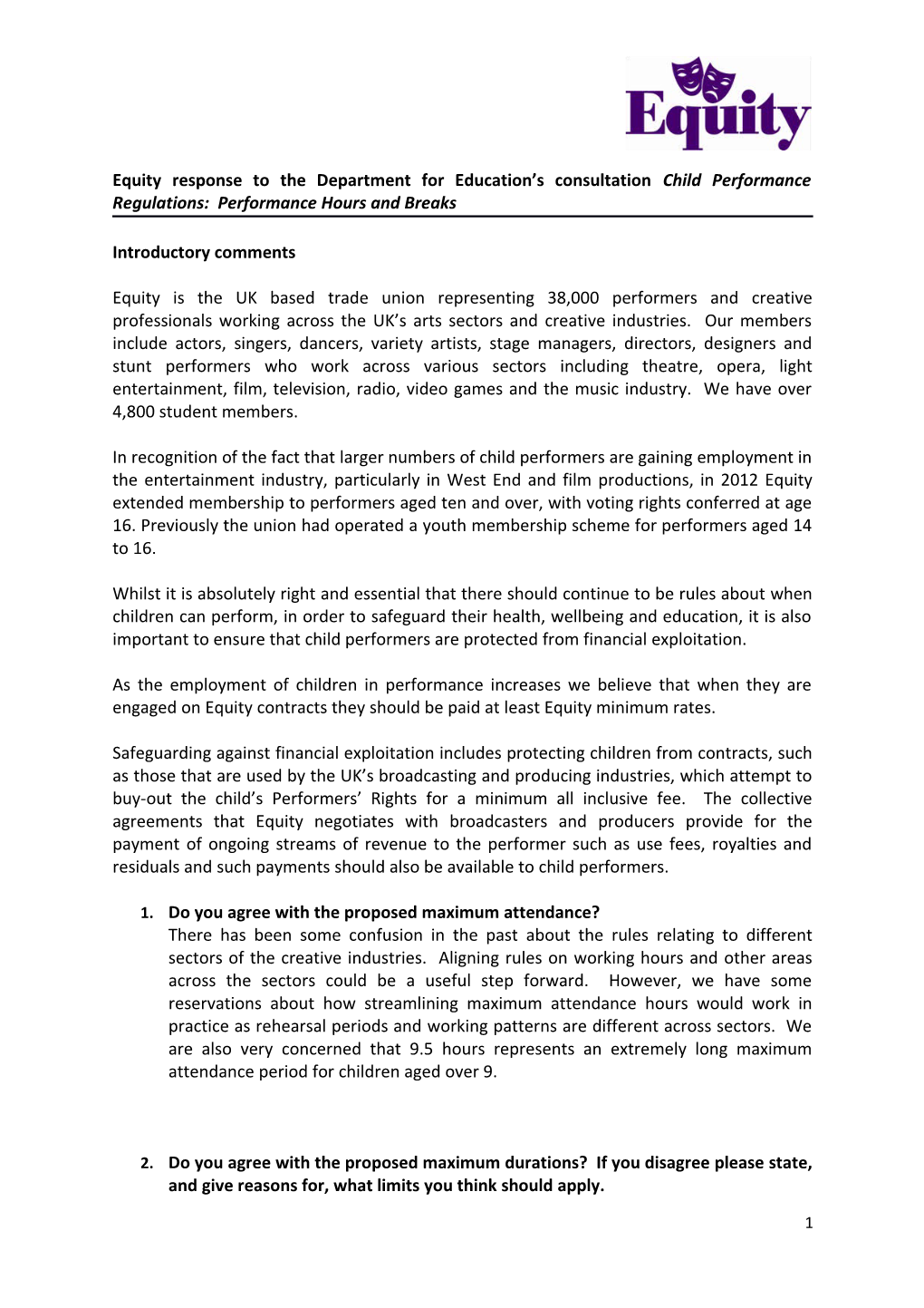 Equity Response to the Department for Education S Consultation Child Performance Regulations