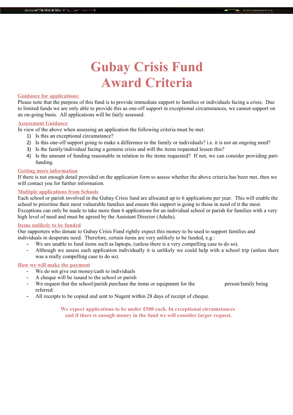 Gubay Crisis Fund Award Criteria
