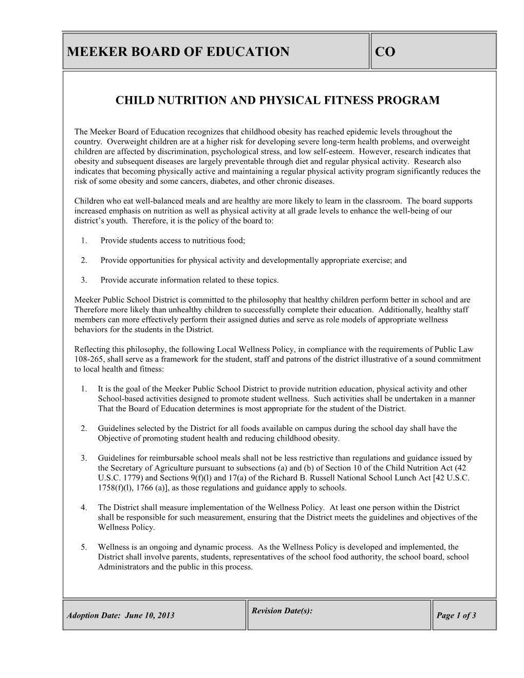 Child Nutrition and Physical Fitness Program