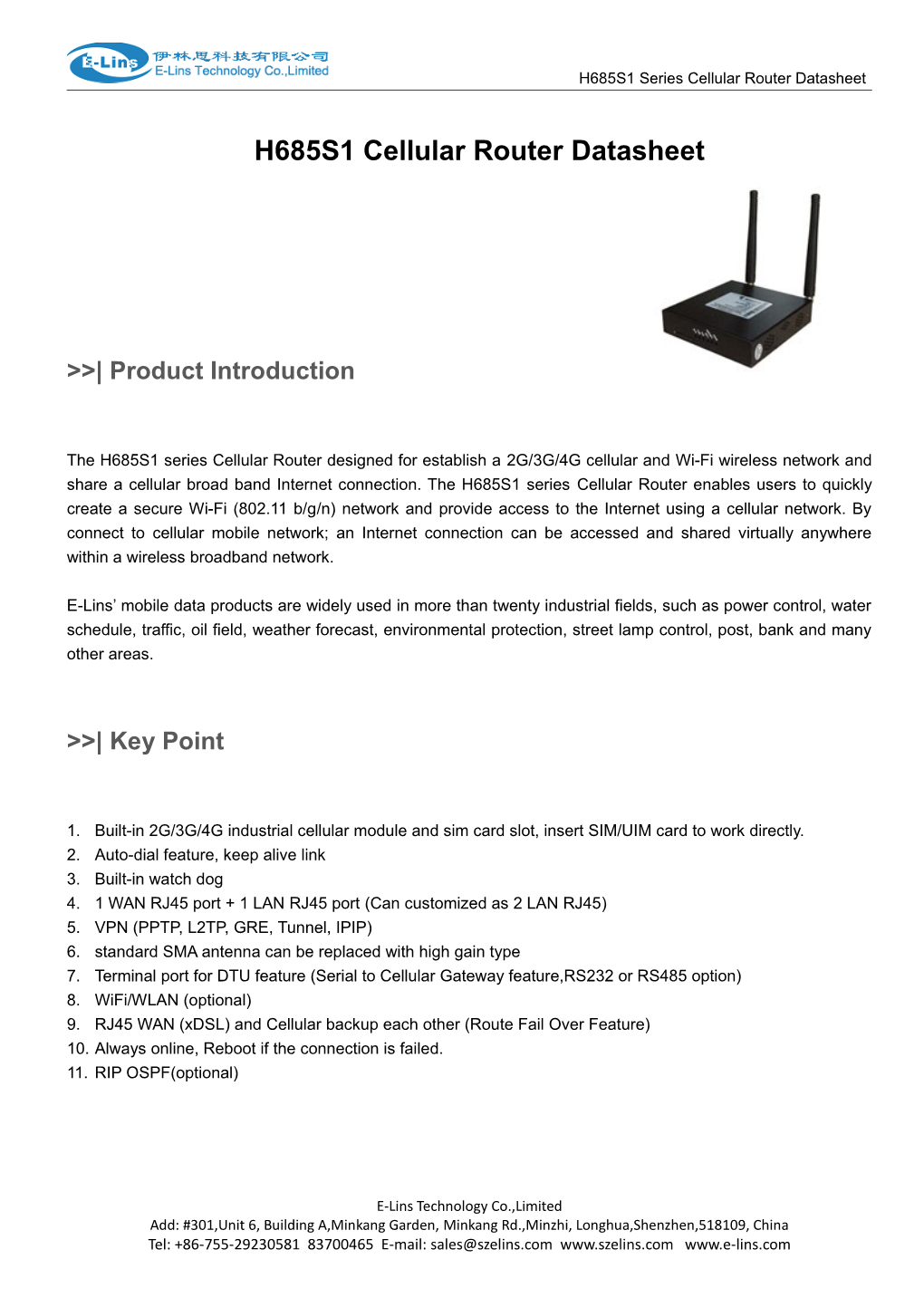 H685S1 Industrial Wireless 3G 4G Cellular Router Datasheet