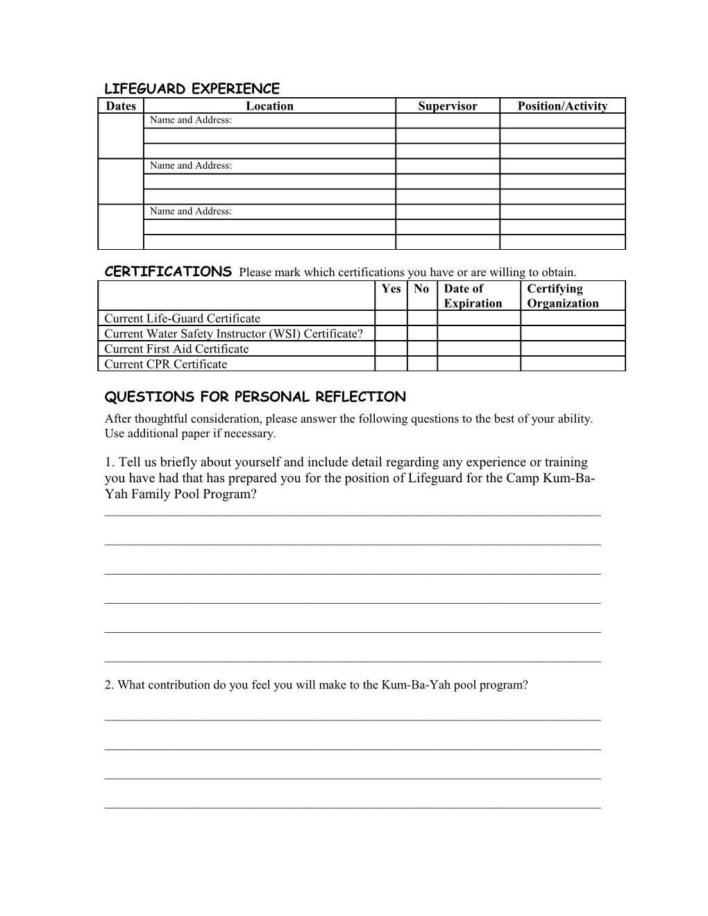 Lifeguard Application 4415 Boonsboro Rd