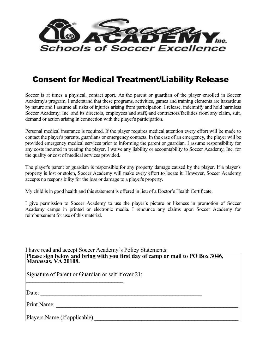 Consent for Medical Treatment/Liability Release