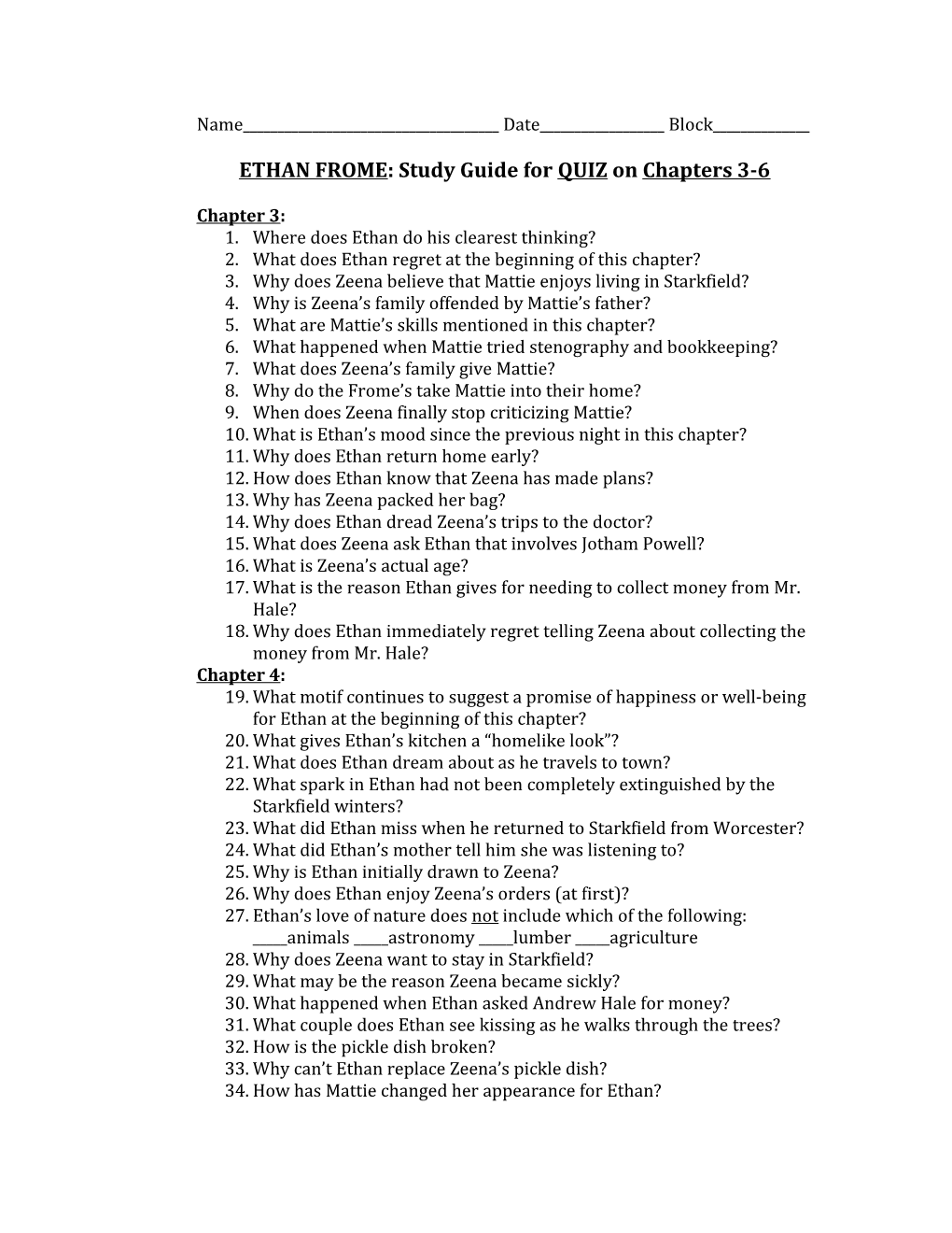 ETHAN FROME: Study Guide for QUIZ on Chapters 3-6