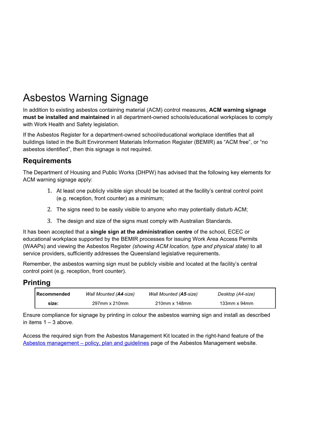 Asbestos Warning Signage