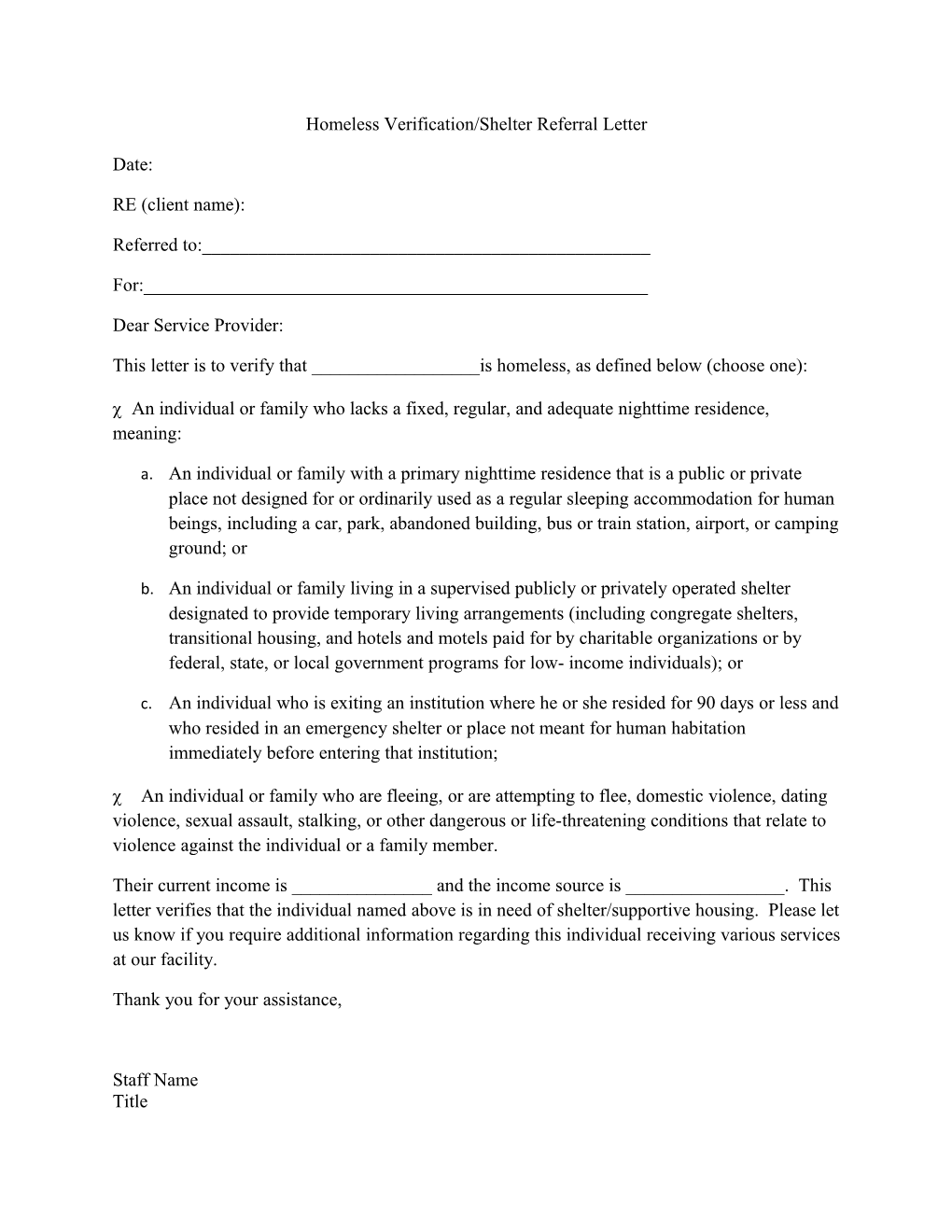 Homeless Verification/Shelter Referral Letter