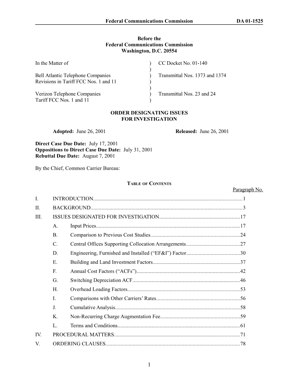 Order Designating Issues for Investigation