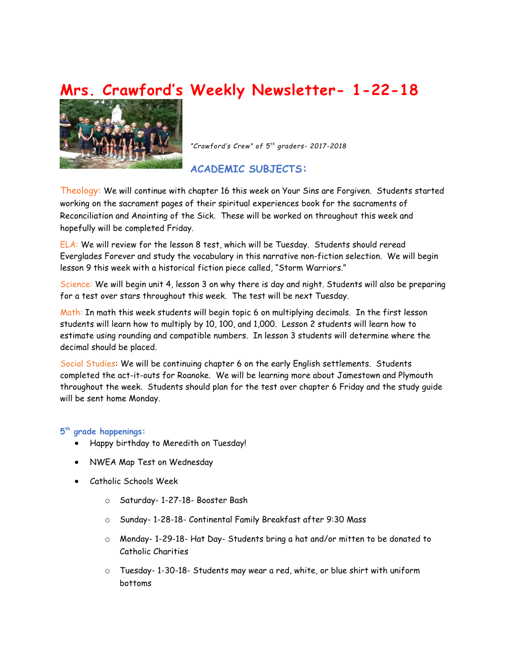 Mrs. Crawford S Weekly Newsletter- 1-22-18