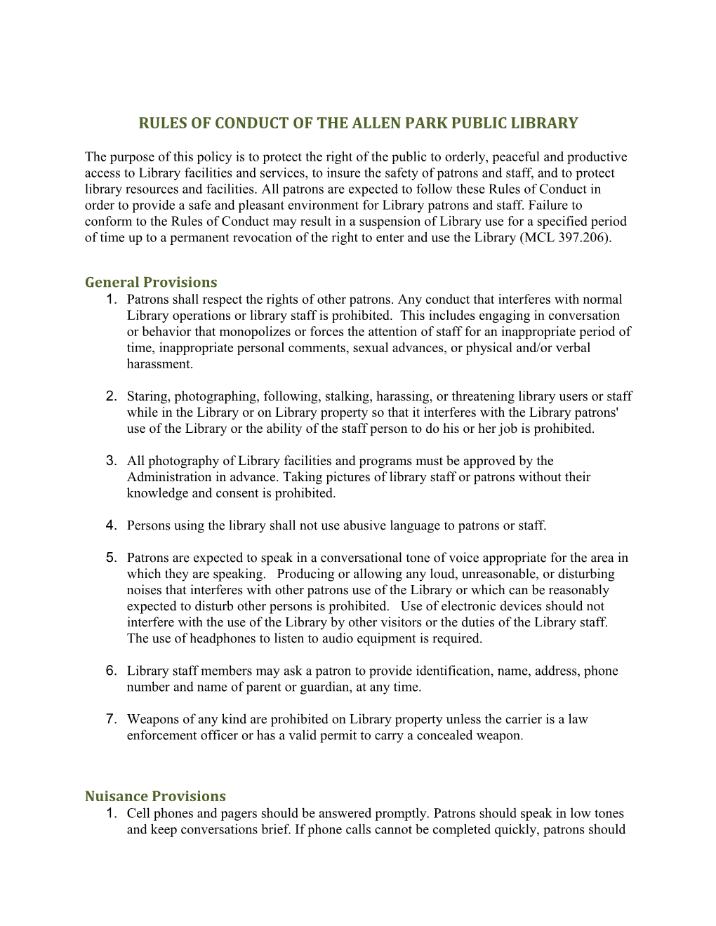 Rules of Conduct of the Allen Park Public Library