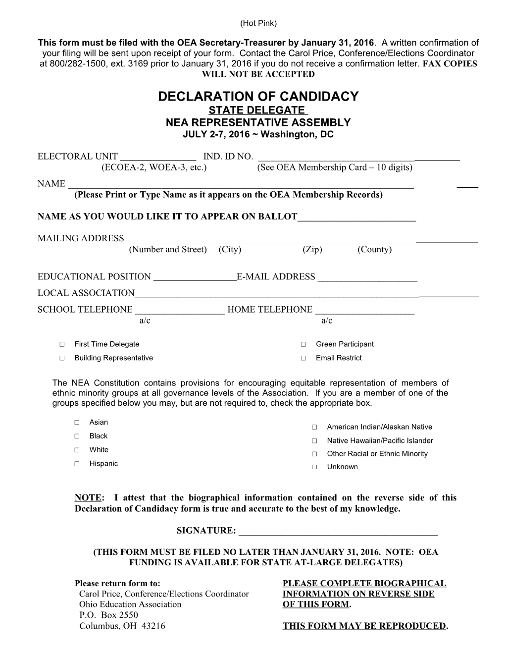 This Form Must Be Filed With The OEA Secretary Treasurer By January 31, 2004