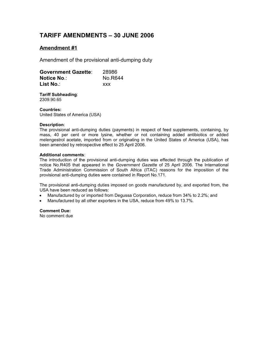 Amendment of the Provisional Anti-Dumping Duty