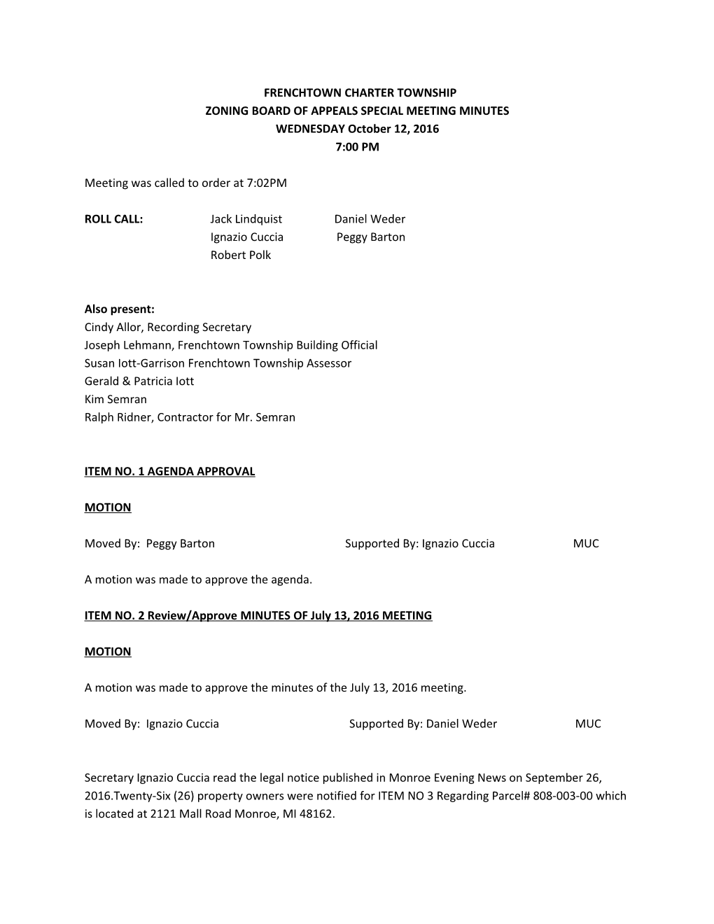 Zoning Board of Appeals Special Meeting Minutes