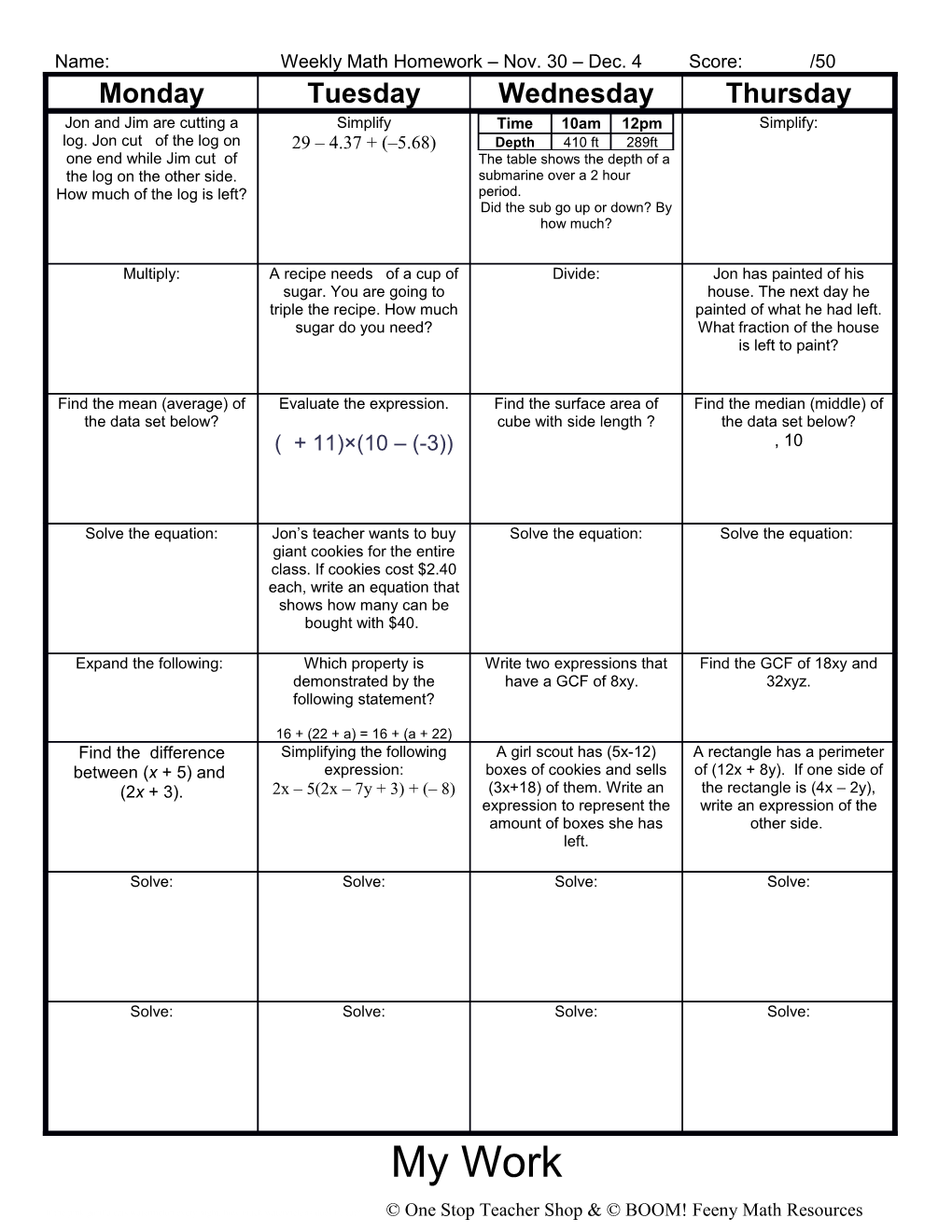 Weekly Homework Sheet s1