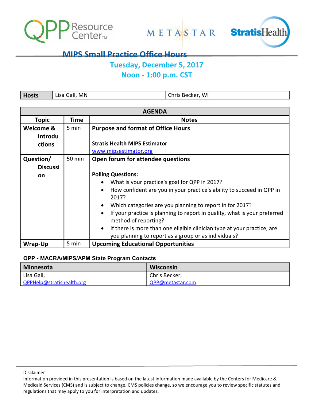 MIPS Small Practice Office Hours Agenda Template