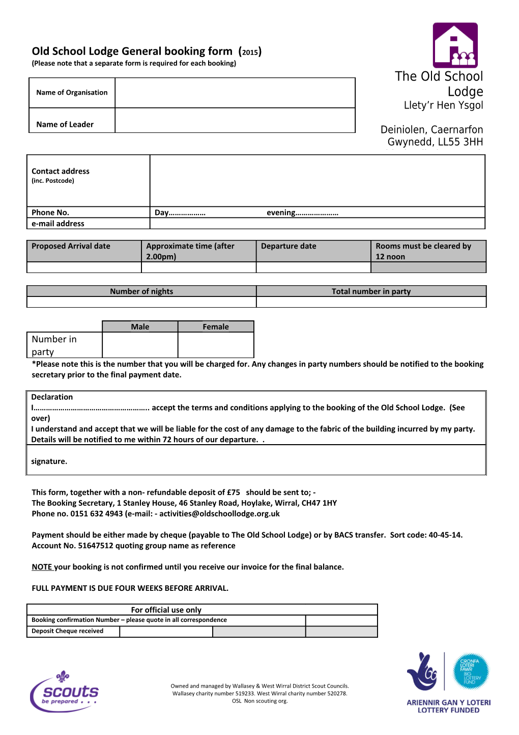 Old School Lodge General Booking Form (2015)