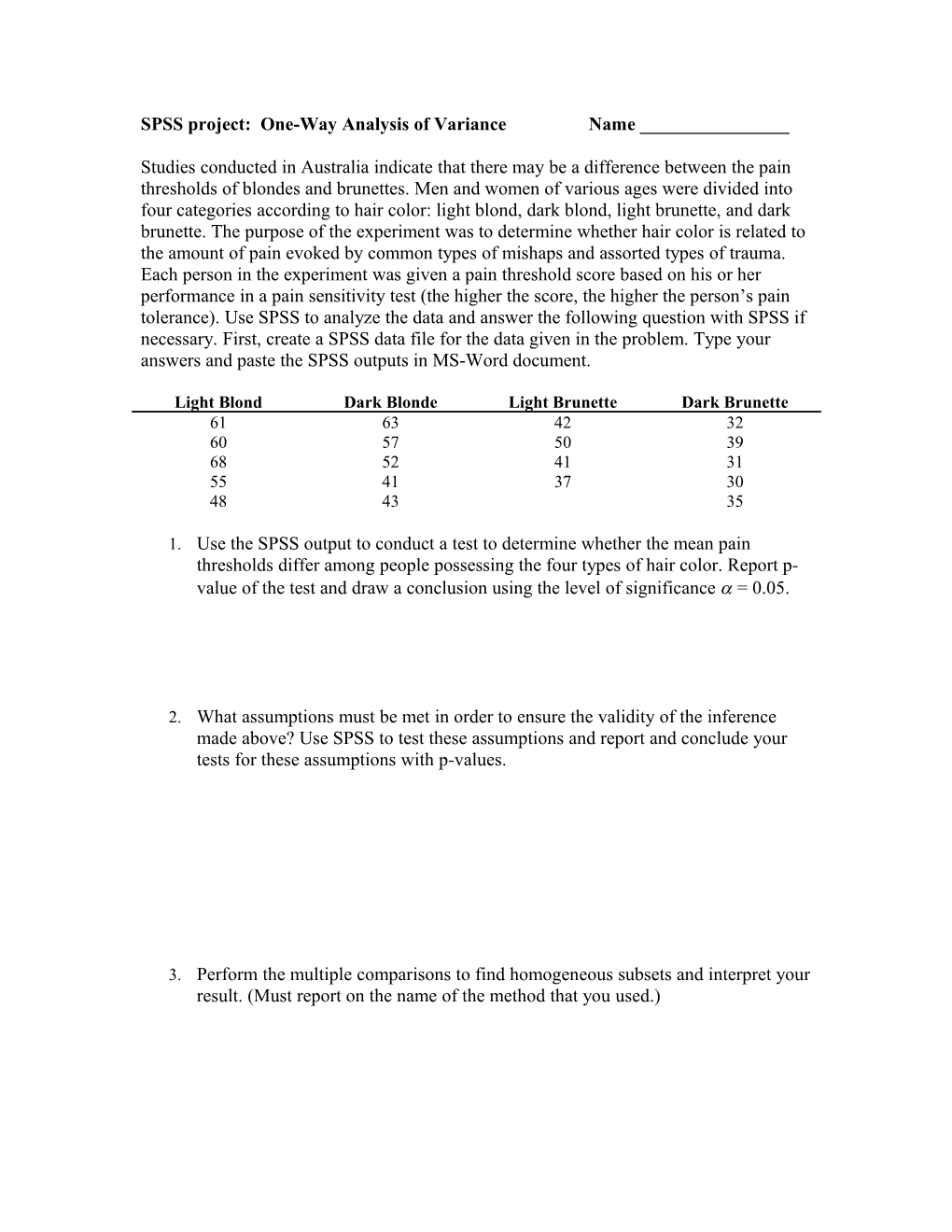 SPSS Project: One-Way Analysis of Variance