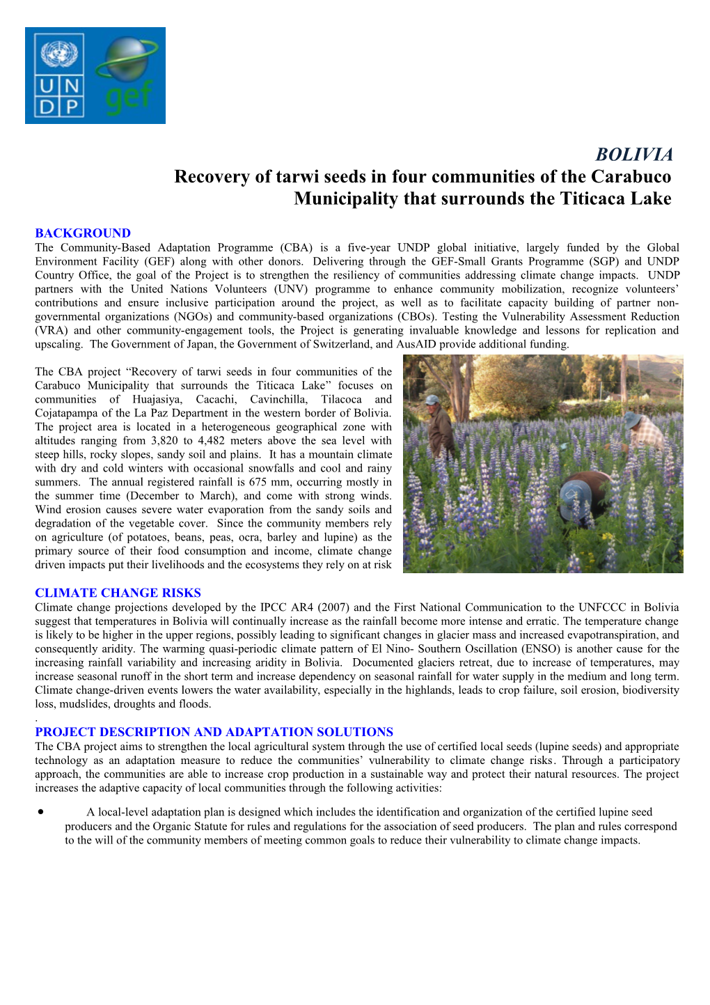 Recovery of Tarwi Seeds in Four Communities of the Carabuco Municipality That Surrounds