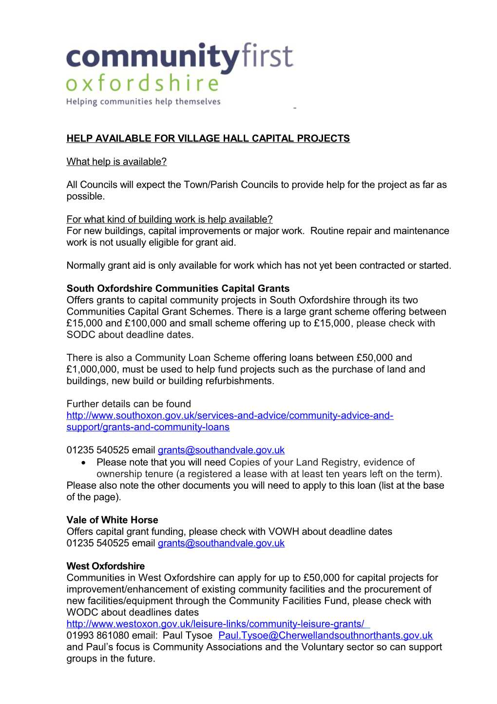 Help Available for Village Hall Capital Projects