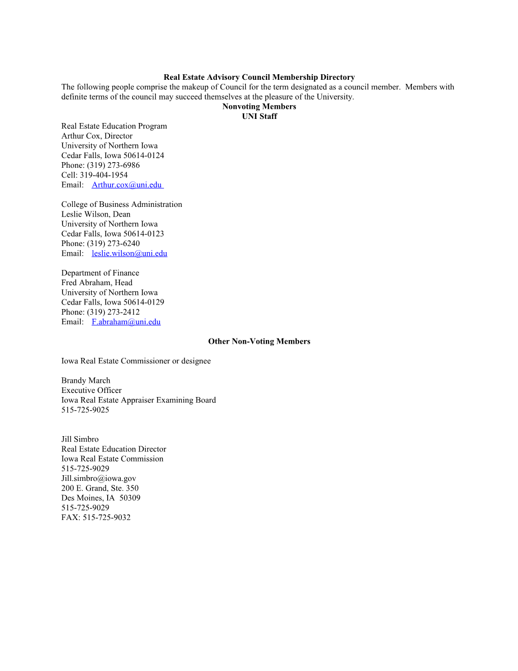Real Estate Advisory Council Membership Directory