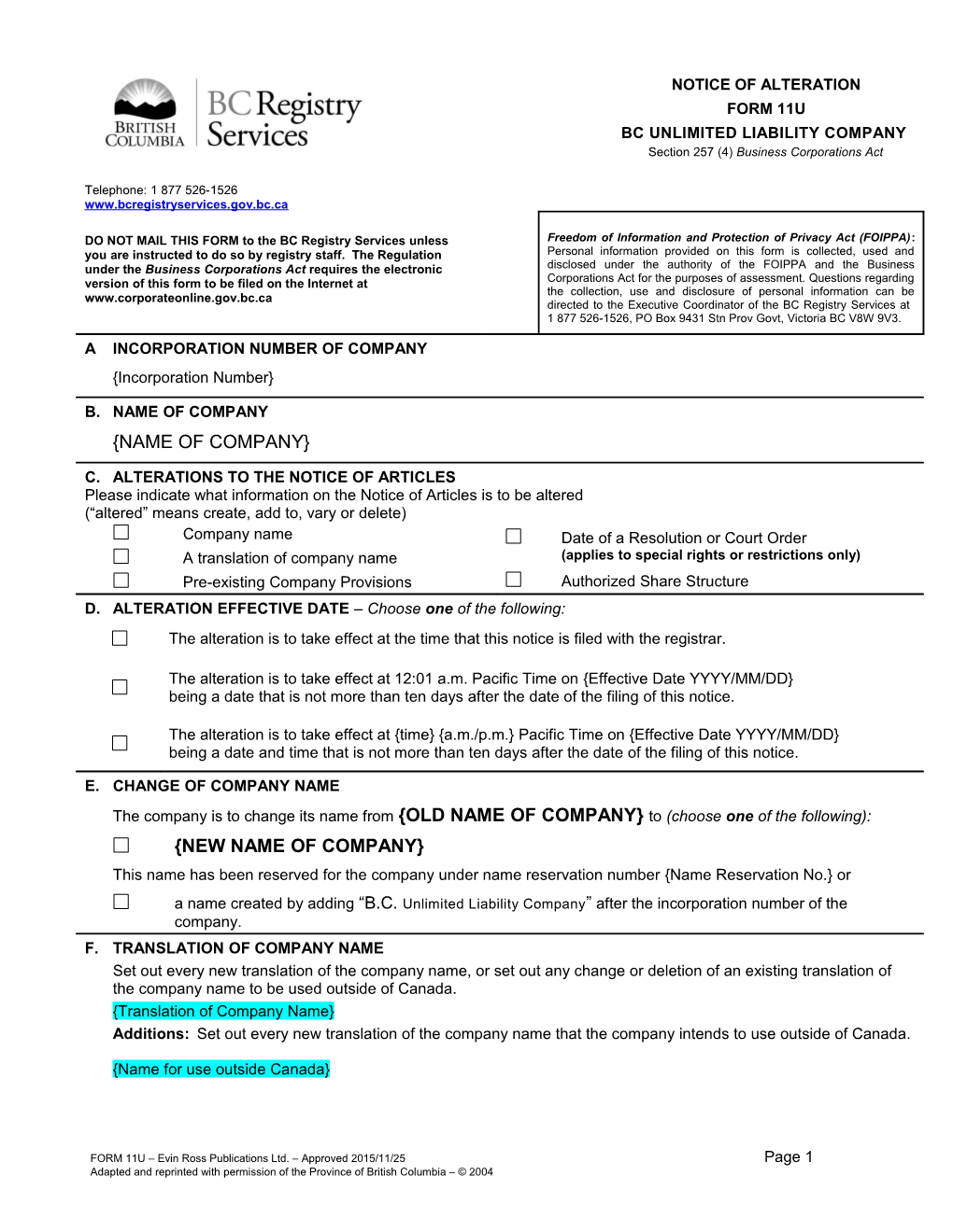 Form 11 Notice of Ateration