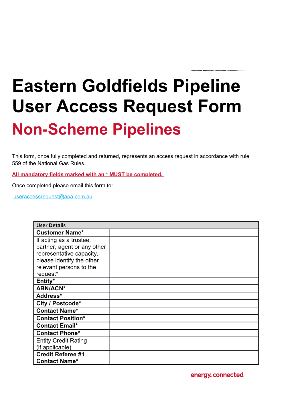 Eastern Goldfields Pipeline User Access Request Form