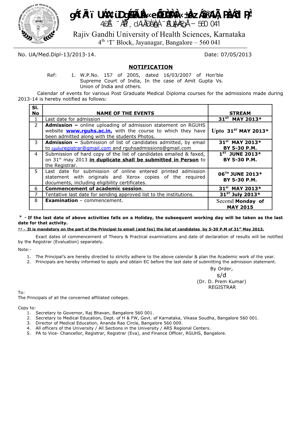 No. UA/Med.Dipl-13/2013-14. Date: 07/05/2013