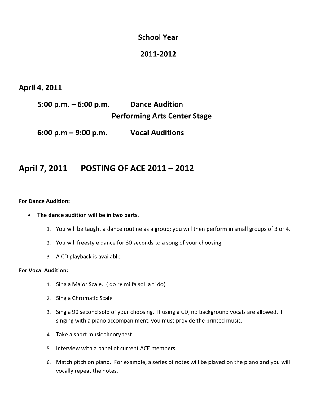 5:00 P.M. 6:00 P.M. Dance Audition Performing Arts Center Stage