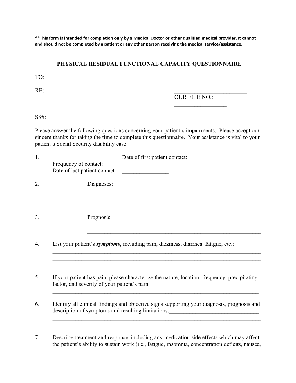 Physical Residual Functional Capacity Questionnaire