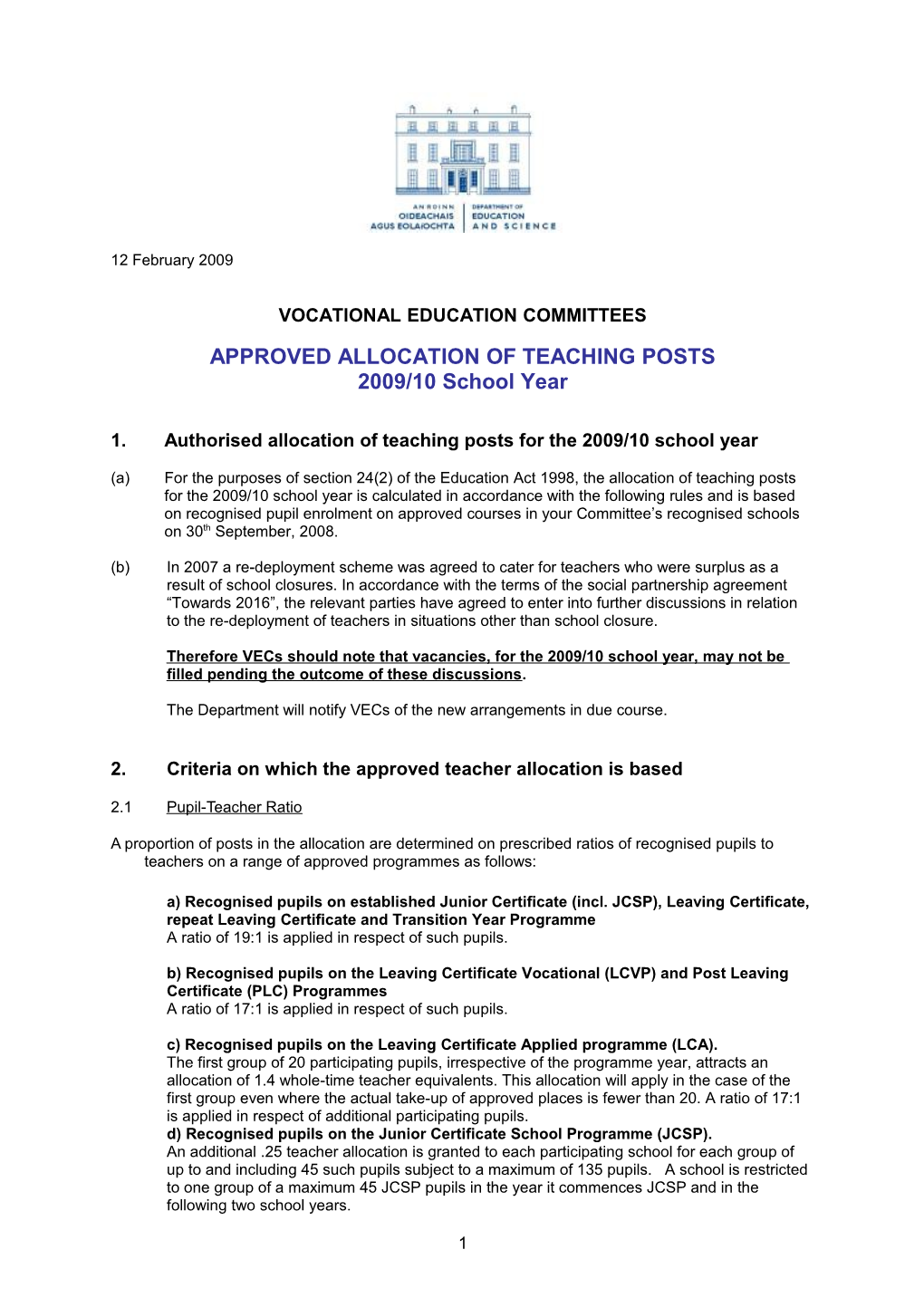 Approved Allocation of Teaching Posts for the 2007/08 School Year - VEC Schools (File Format