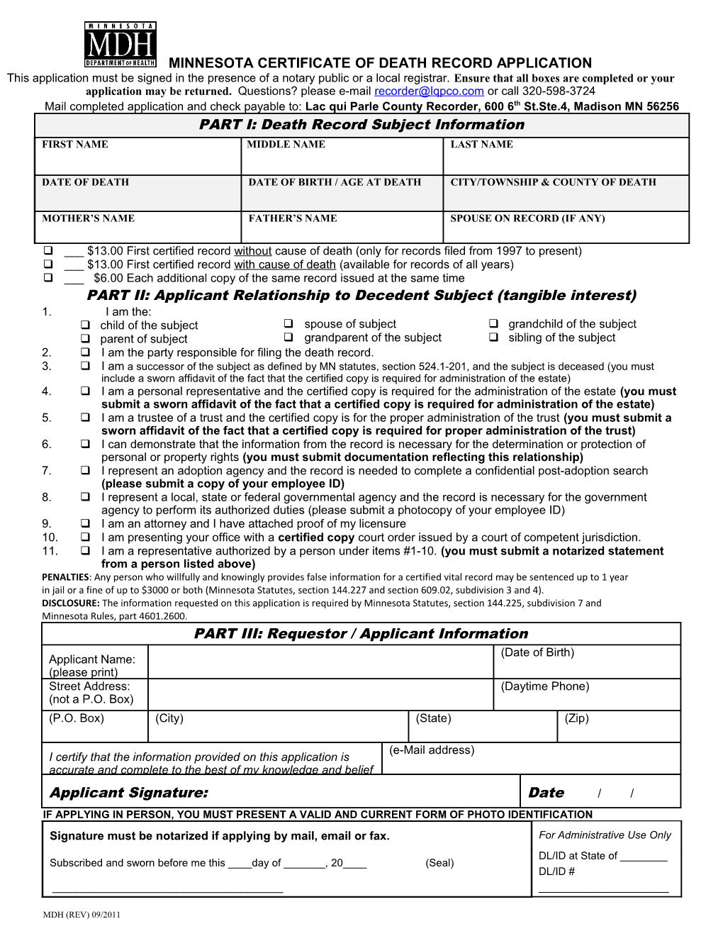 Minnesota Death Record Application