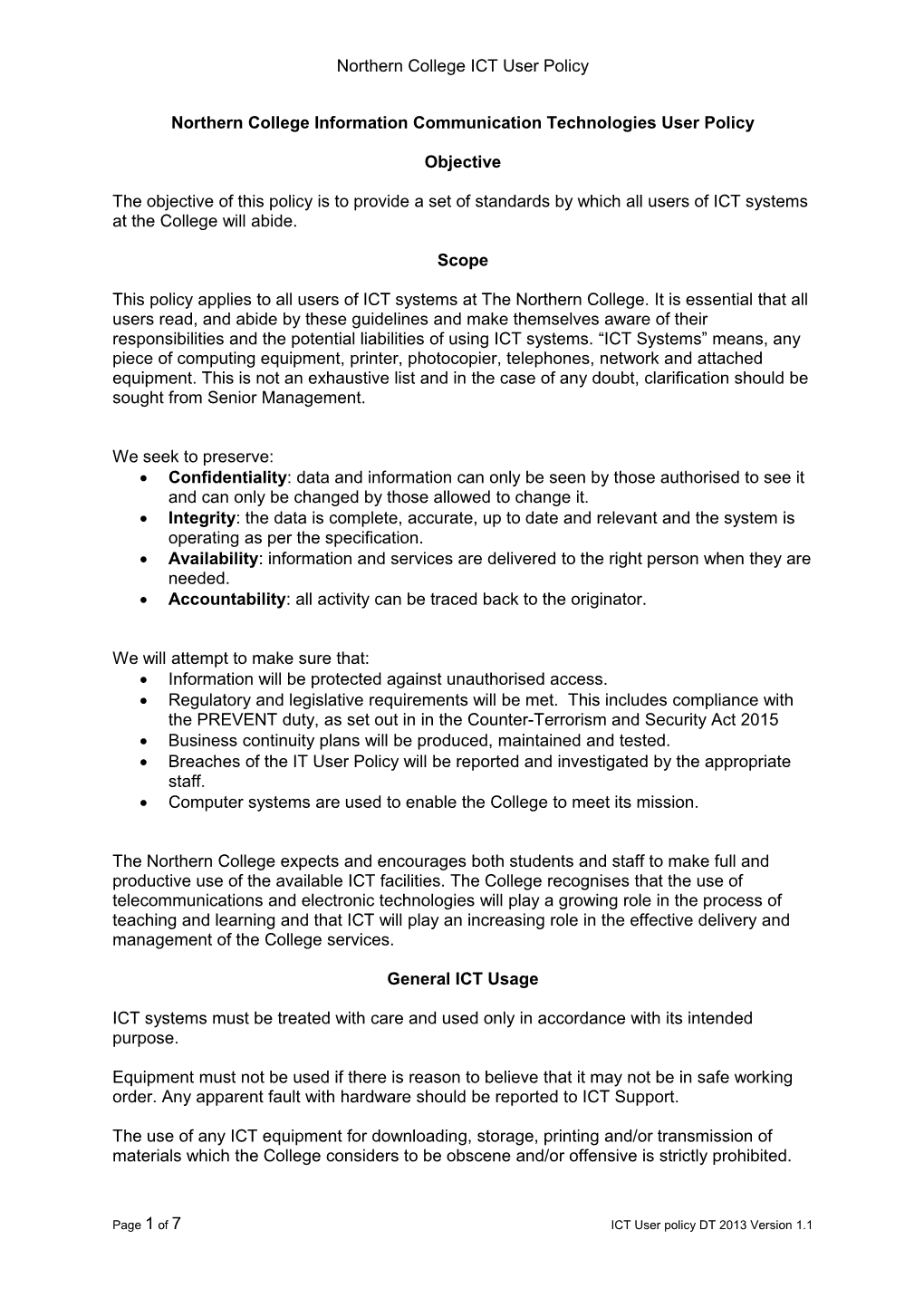 Northern College Information Communication Technologies User Policy