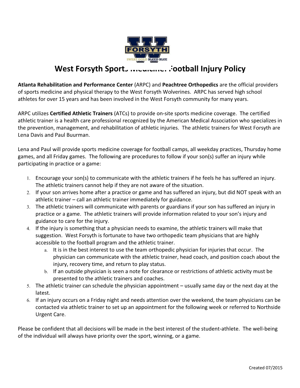 West Forsyth Sports Medicine: Football Injury Policy