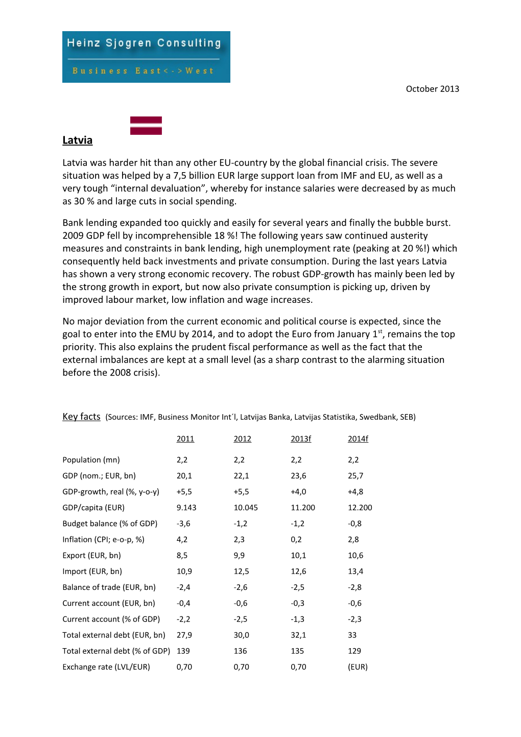 Key Facts (Sources: IMF, Business Monitor Int L, Latvijas Banka, Latvijas Statistika, Swedbank
