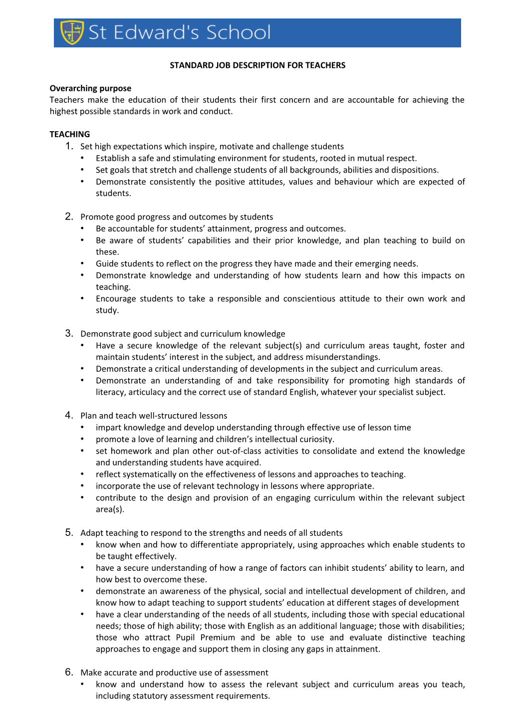 Standard Job Description for Teachers