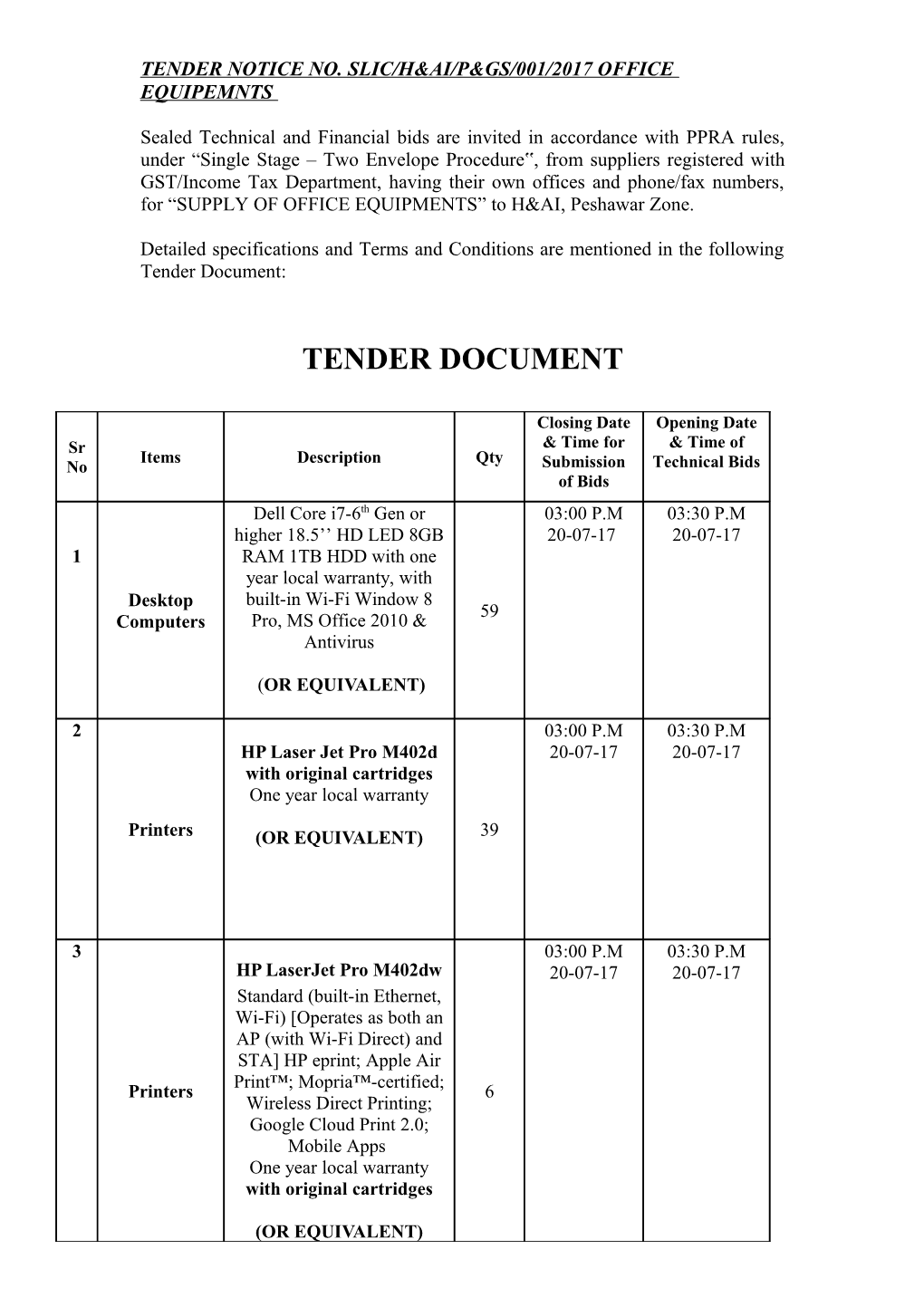 Tender Notice No