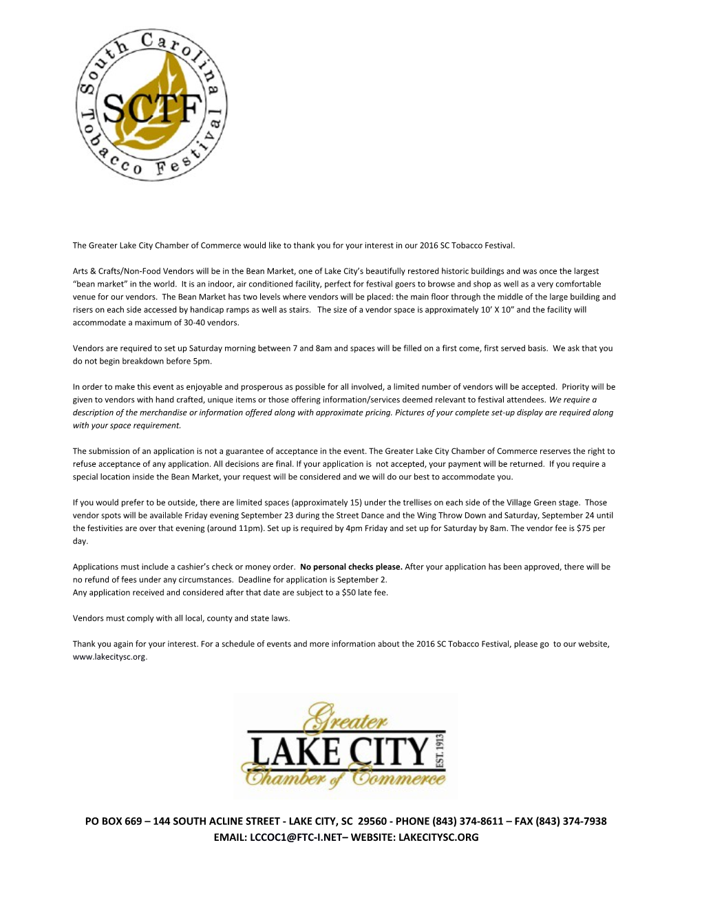 The Greater Lake City Chamber of Commerce Would Like to Thank You for Your Interest In