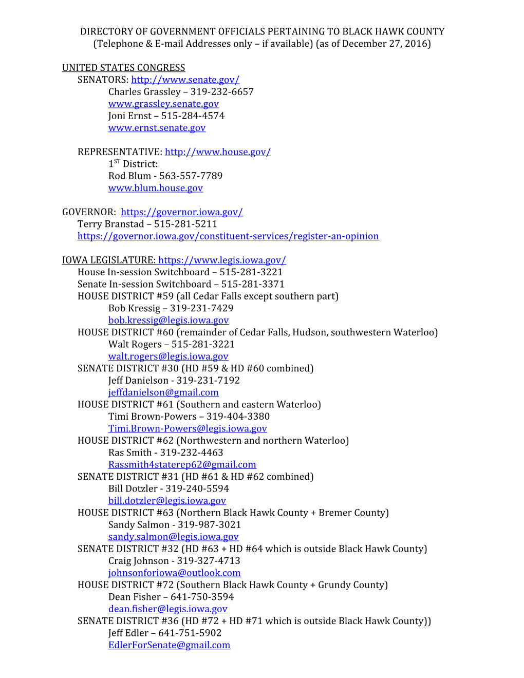 Directory of Government Officials Pertaining to Black Hawk County