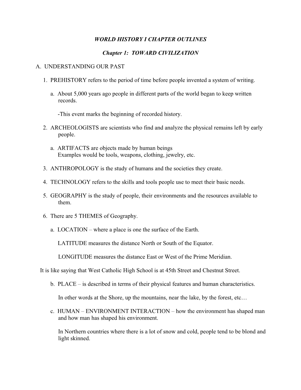 World History I Chapter Outlines