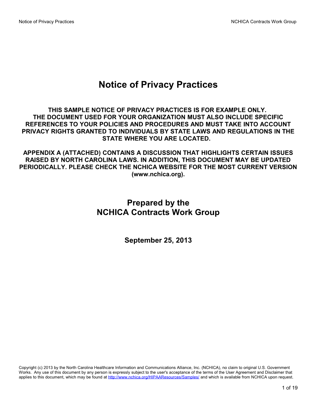 Notice of Privacy Practices NCHICA Contracts Work Group