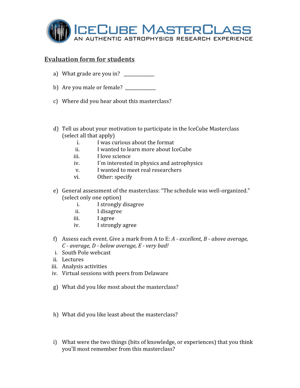 Evaluation Form for Students