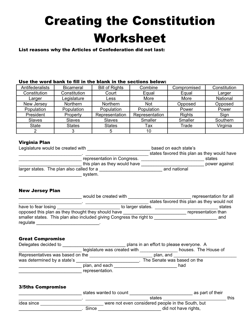 Creating the Constitution Worksheet