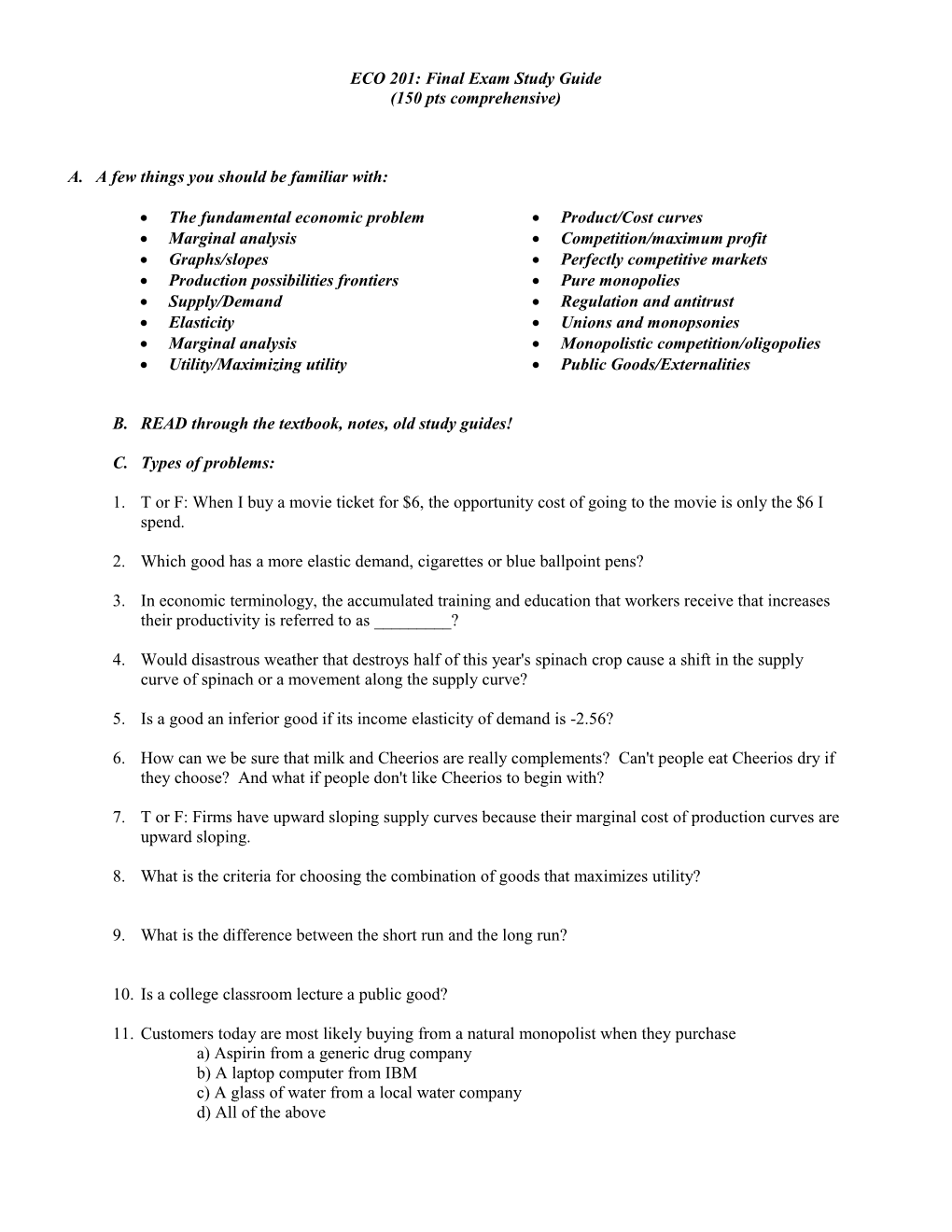 ECO 201: Final Exam Study Guide