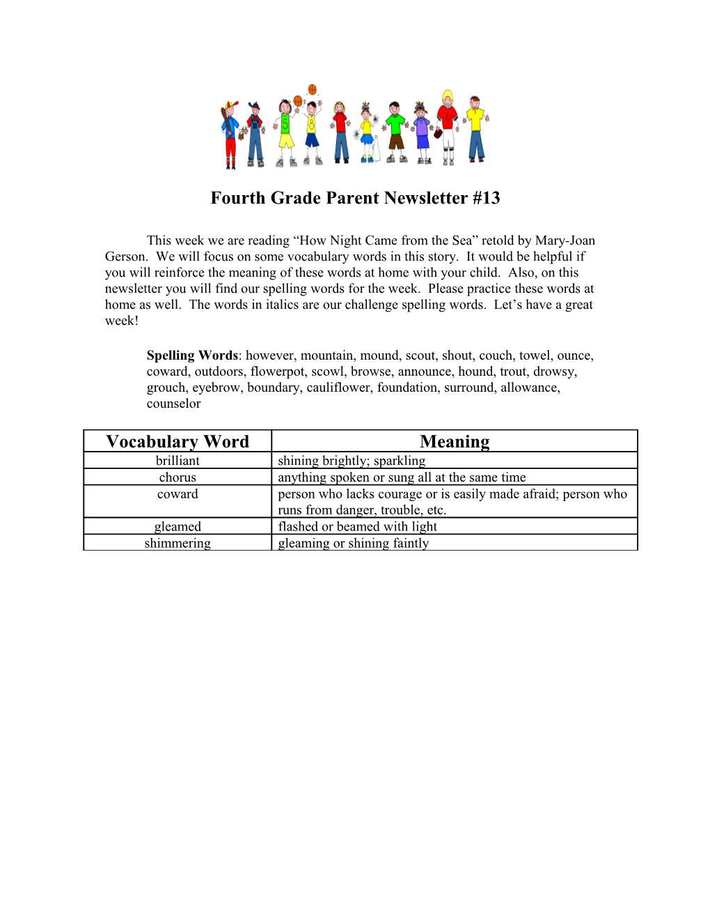 Fourth Grade Parent Newsletter #13