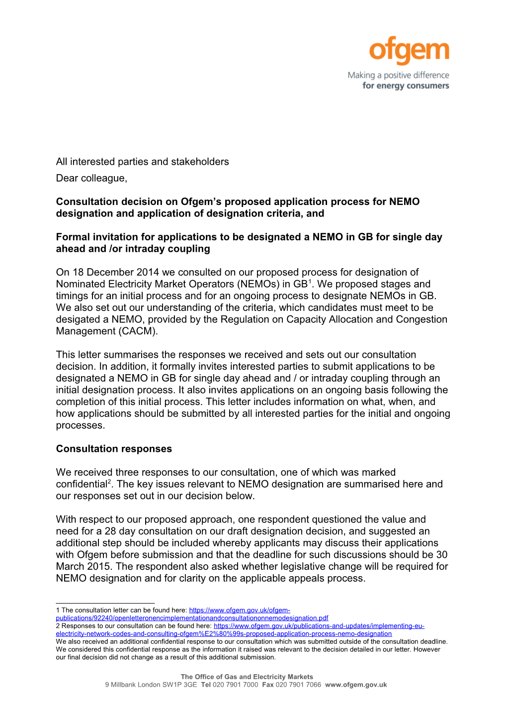 Draft Open Letter on ENC Implementation and Consultation on NEMO Designation