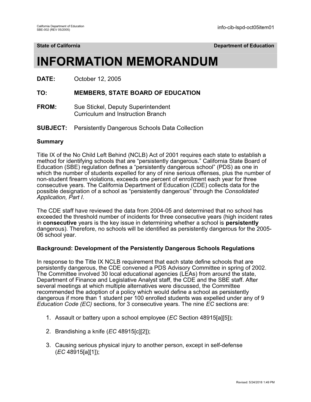 October 2005 LSPD Item 1 - Information Memorandum (CA State Board of Education)