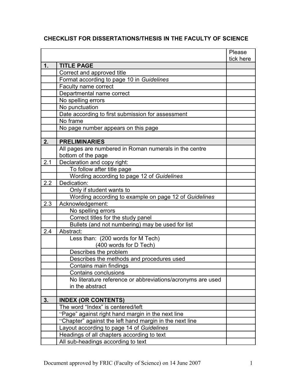Checklist for Dissertations/Thesis in the Faculty of Science