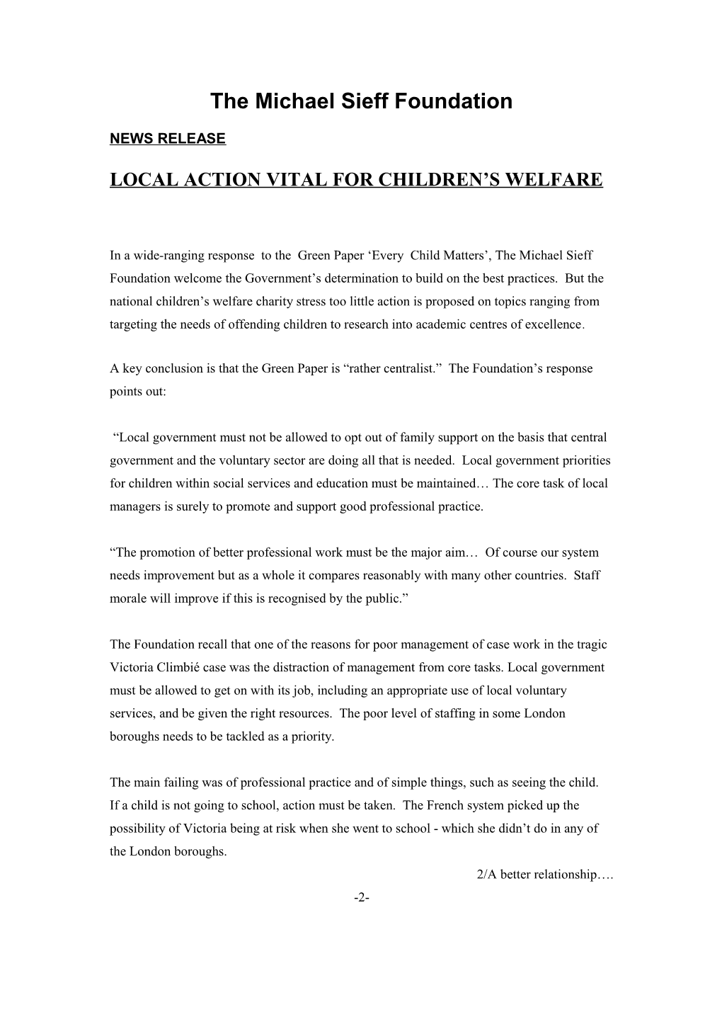 Local Action Vital for Children S Welfare